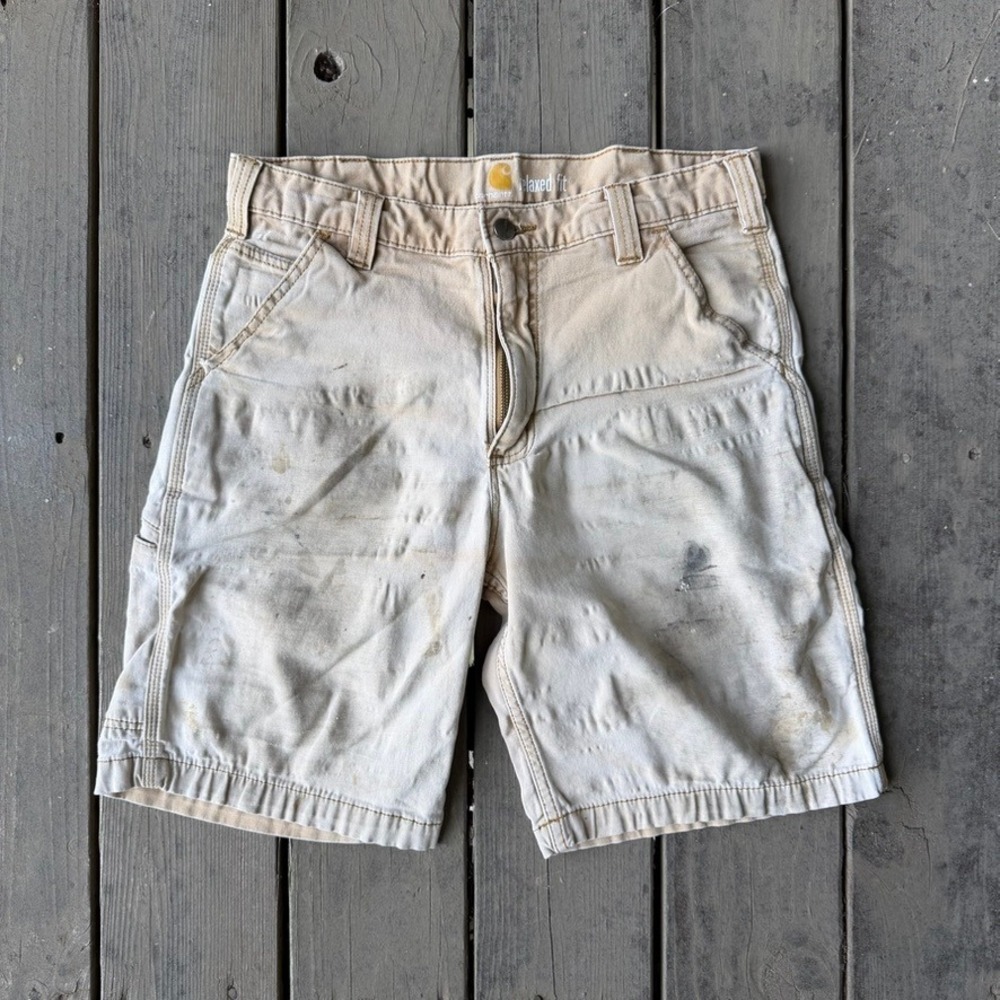 Carhartt Relaxed Fit Canvas Carpenter Shorts Cream Off White Distressed 31 Mens